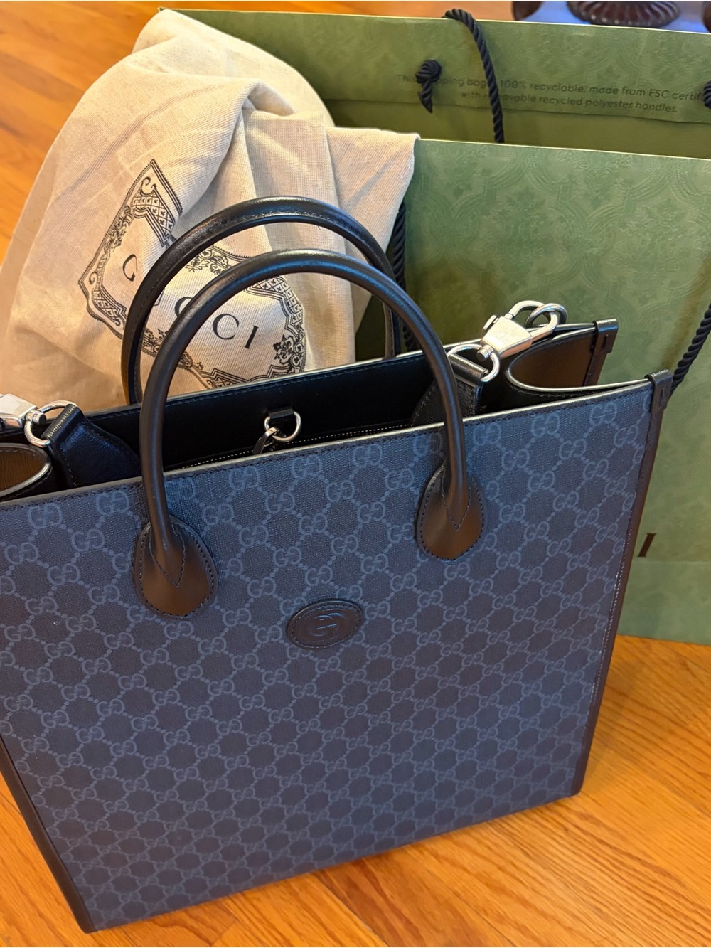 Gucci Black GG Canvas Tote with Black Leather Trim